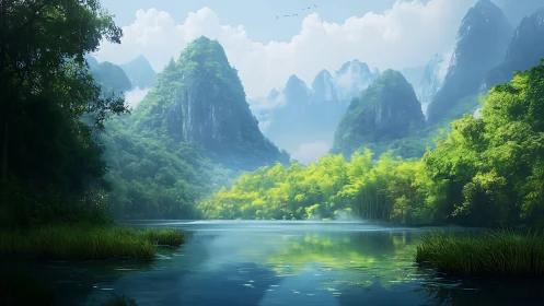 Misty karst mountains rise above tranquil reflective river valley