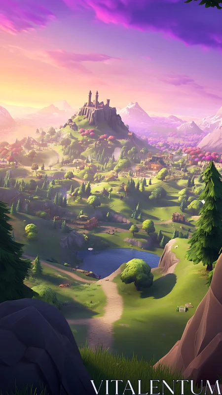 Sunlit hilltop castle watching over a peaceful green valley.