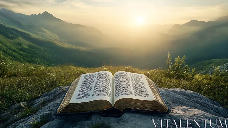 Open Bible on mountain rock at sunrise, inspirational landscape photo.