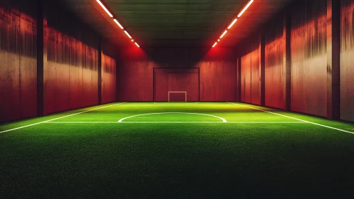 Neon-lit indoor soccer field glowing in a cinematic red haze.