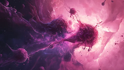 Digital painting of cosmic cellular nebula in magenta stormfields.