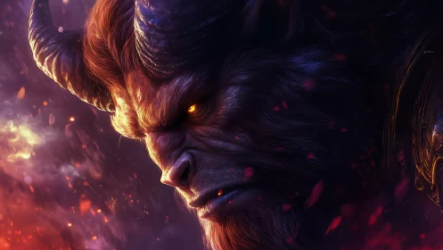 Horned demonic beast rendered in intense fiery close-up