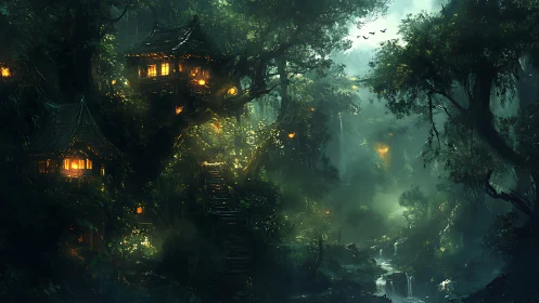 Hidden lantern village glowing in a misty enchanted forest.