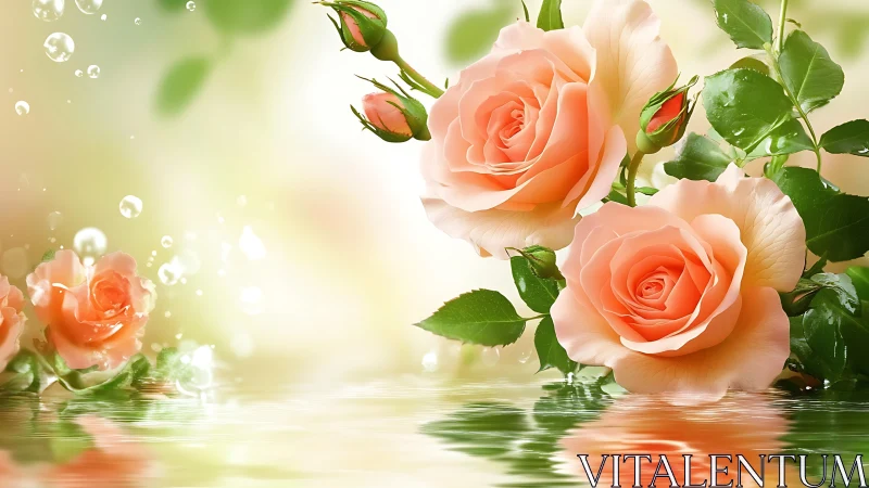 Peach-Coral Roses with Buds and Water Reflections. Botanical.