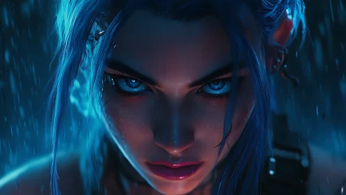 Blue haired warrior stares through neon rain with fierce resolve
