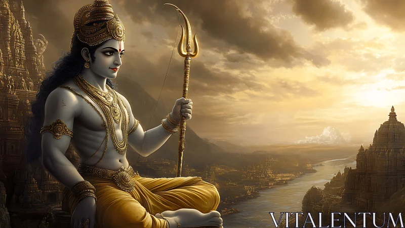 Mythological figure overlooking river and temple city at dusk.