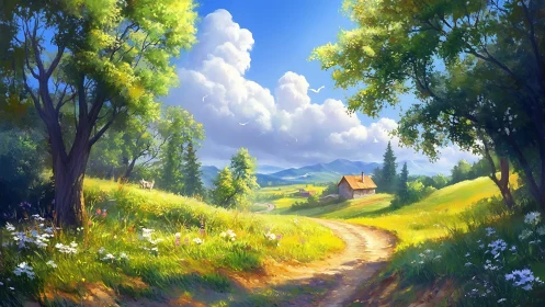 Sunlit country lane leading toward distant farm cottage.