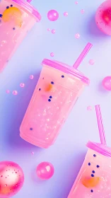 Bubble-bright pink smoothies drift like neon summer comets