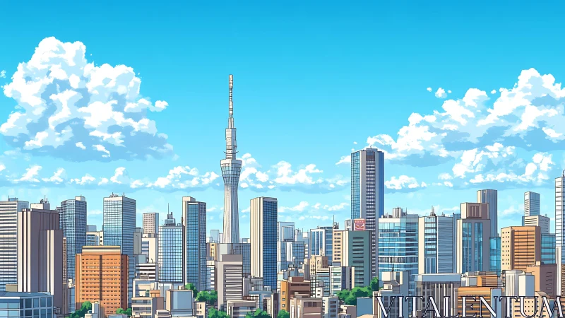 Anime skyline rendering shows dense high-rise cluster under clear sky