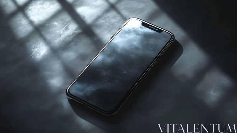 Smartphone on industrial surface with window light casting geometric shadows
