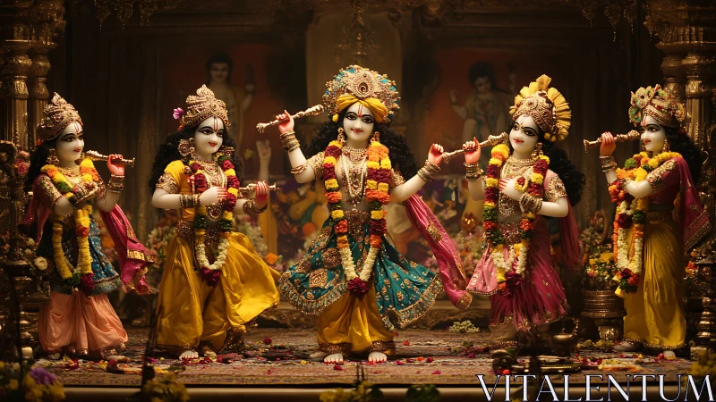 Krishna temple altar with ornate devotional statues and garlands.