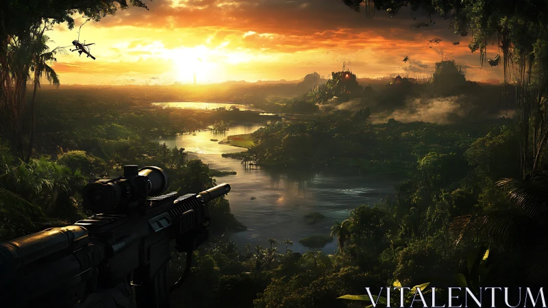 Futuristic rifle overlooks river basin and distant cityscape