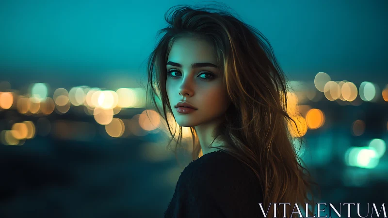 Portrait of young woman against teal city lights background.