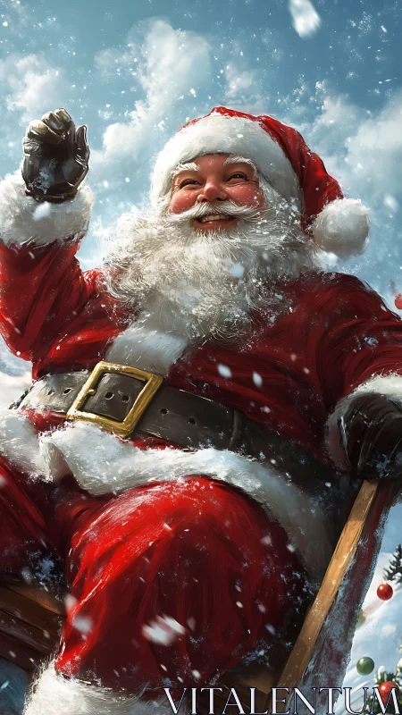 Joyful Santa rides a snowy sleigh under a bright winter sky