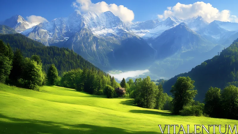 Sunlit alpine meadow overlooks snowy mountain peaks in silence.