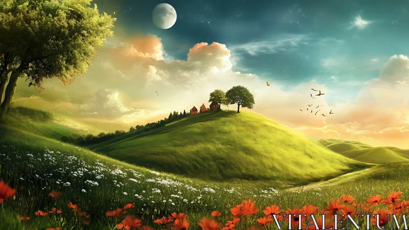 Moon-kissed hilltop cottages under a dreamy sky glow.