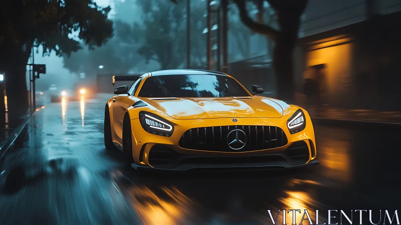 Yellow supercar charges through moody rain-soaked city street