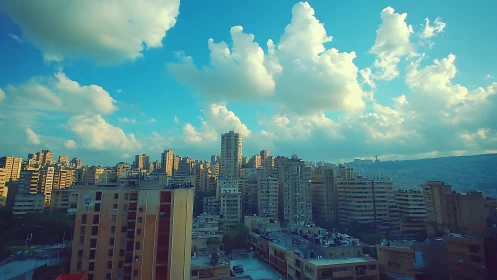 Sunlit towers beneath drifting cotton clouds over cityscape.