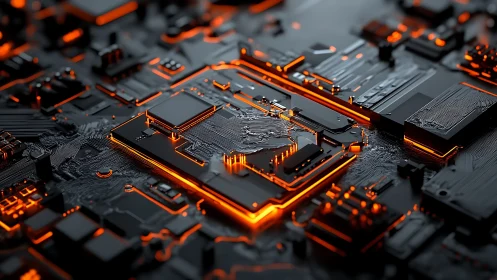 Glowing black circuit board with illuminated orange traces.
