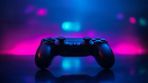 Black gaming controller with vibrant neon lights