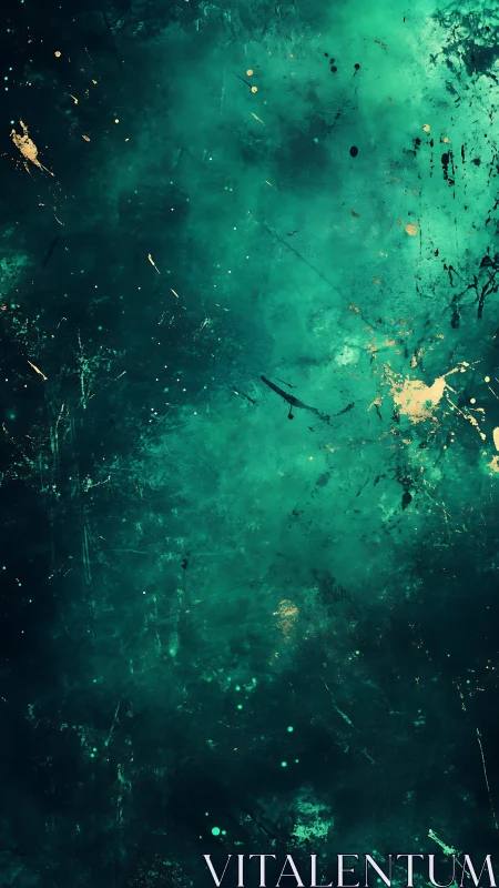 Teal cosmic nebula texture shows gold splatter accents