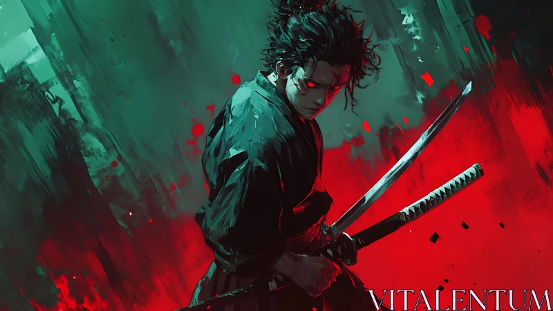 Ronin swordsman amid red and green abstract storm.