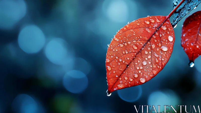 Red leaf holds clear raindrops before soft blue bokeh