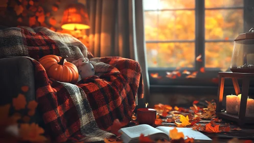 Cozy autumn living room with blanket, pumpkin, and candles.