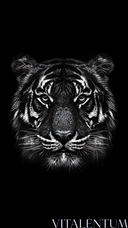 Tiger face rendered in high contrast monochrome portrait