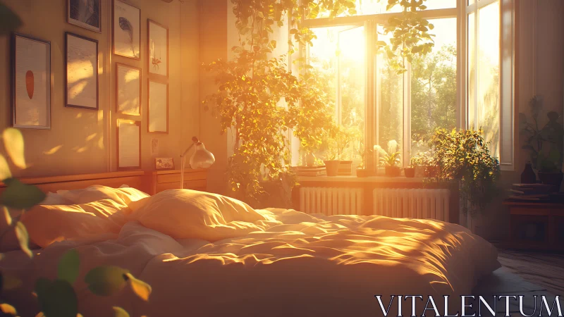 Golden-hour bedroom interior with volumetric light and foliage