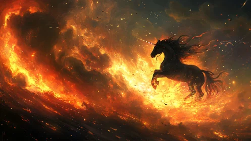 Firestorm sky crowns a shadowed unicorn in blazing ascent