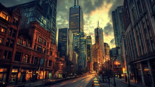 Golden hour traffic streams through a glowing city canyon.