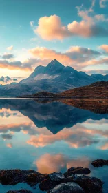 Sunlit alpine peak mirrored in tranquil mountain lake.