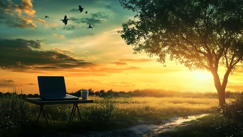 Sunset workspace tableau under glowing rural skyline.