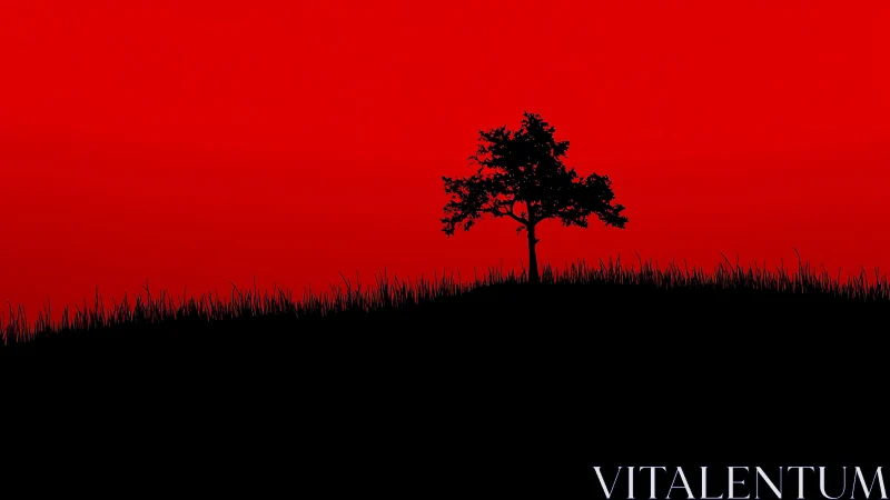 Solitary tree silhouette on vivid scarlet horizon line.