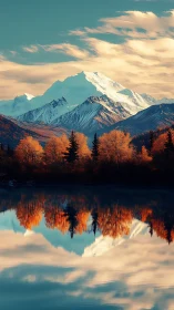 Snowy mountain peak rises above autumn forest reflection