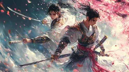 Dual sword warriors under cherry blossoms in battle.