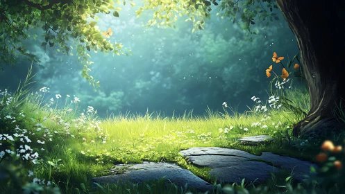 Woodland clearing with sunlit vegetation and orange butterflies overhead