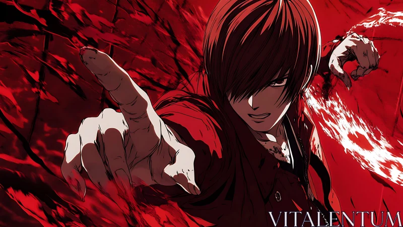 Crimson storm fighter reaching through the chaos of battle.