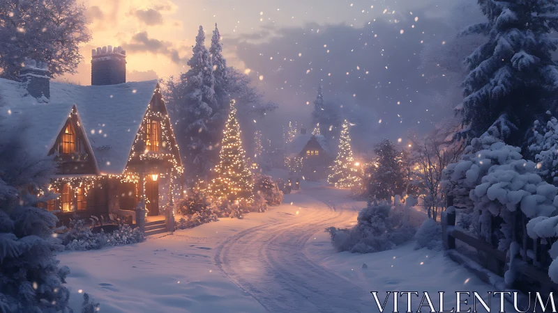 Snowlit cottage lane draped in twinkling winter magic glow.
