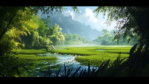 Lush river wetlands under misty mountain backdrop panorama.