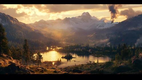 Mountain lake valley at sunset with distant smoke plume.