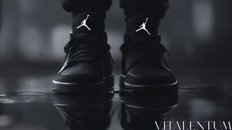 Sleek black sneakers stand on wet ground in moody studio light