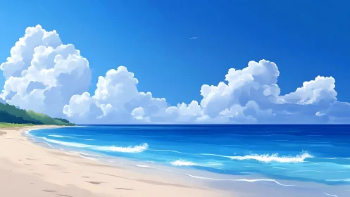 Calm tropical shoreline under towering summer cumulus clouds