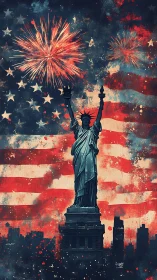 Statue of Liberty before stylized US flag and fireworks.