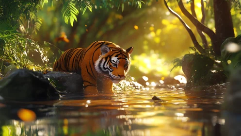 Radiant Bengal tiger wading through sunlit forest stream.