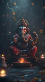 Ganesh idol in cinematic low-key lighting with ember glow.