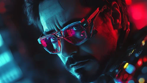 Cybernetic engineer in dual-tone HUD glasses, neon-lit closeup