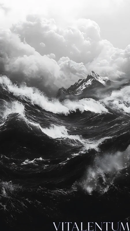 Stormy black ocean waves crash before distant snowy peaks.