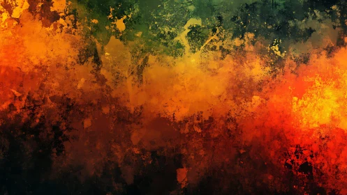 Vibrant Abstract Painting with Bold Orange, Red, and Green Tones.